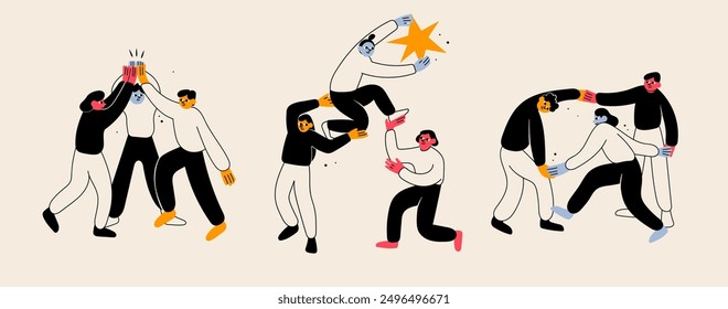 Group of people or coworkers supporting each other, holding hands, giving high five. Cartoon characters. Community, success, unity, friendship, teamwork concept. Hand drawn modern Vector illustration