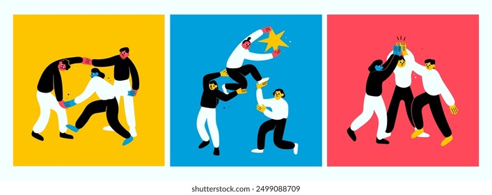 Group of people or coworkers supporting each other, holding hands, giving high five. Cartoon characters. Community, success, unity, friendship, teamwork concept. Hand drawn modern Vector illustration