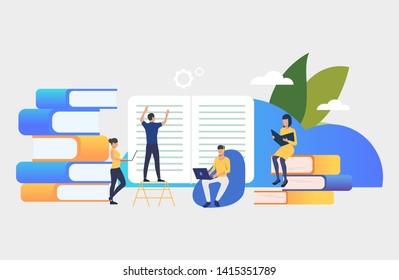 Group of people creating books. Authors, brainstorming, printing house, library. Business concept. Vector illustration for poster, presentation, new project