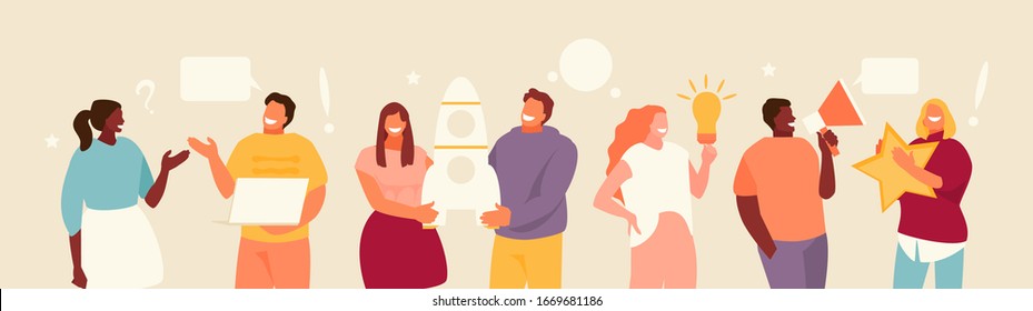 Group people creative team working together. Business communication and collaboration vector illustration