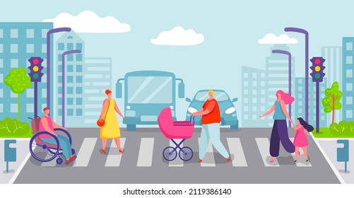 Group of people crossing city road. Characters going on crosswalk. Man walking with baby in pram. Person moving on pedestrian crossing on wheelchair. Mother with daughter kid vector