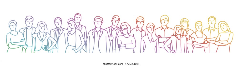 Group People. Crowd. Rainbow Colors In Linear Vector Illustration.