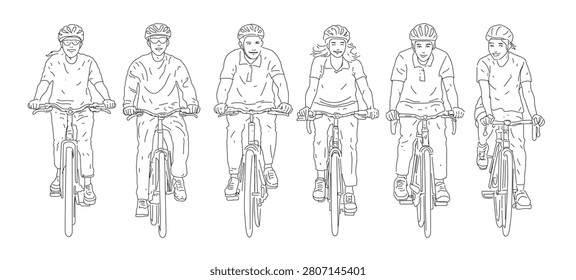 group of people cycling on their bikes sketch line art 