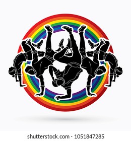 Group of people dancing, Dancing action, dancer training designed on line rainbows background graphic vector.