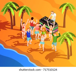 Group of people dancing at beach party with dj 3d isometric vector illustration