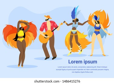 Group People Dancing at Brazilian Festival. Dance Festival. People Celebrate Days Brazilian Carnival. Traditional Costume. National Holiday of Brazil. Vector Illustration. Advertising Image with Text.