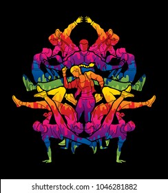 Group of people dancing, Dancer action, Street dance team, Hip hop or B boy dance graphic vector
