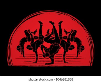 Group Of People Dancing, Dancer Action, Street Dance Team, Hip Hop Or B Boy Dance Designed On Sunlight Background Graphic Vector
