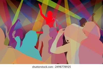 a group of people dancing in a disco club with colorful lights