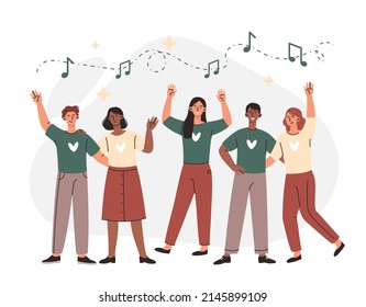Group of people dancing and having fun concept. Young men and women smile, listen to popular music and move. Party or celebration. Loud melody or track. Cartoon modern flat vector illustration.