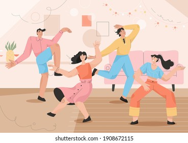 Group of people dancing at home party. Happy friends dance, celebrate and have fun together. Men and women at festivity evening. Vector character illustration of friendship, recreation, leisure, event