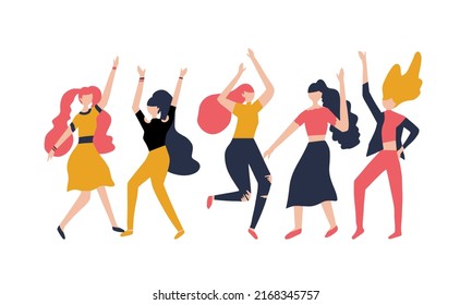 Group people dancing isolated white background. Female dancing party colorful vector collection