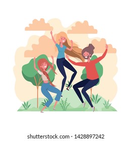 group of people dancing in landscape with trees and plants