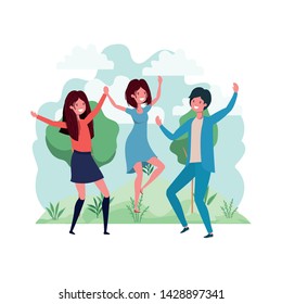 group of people dancing in landscape with trees and plants