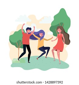 group of people dancing in landscape with trees and plants