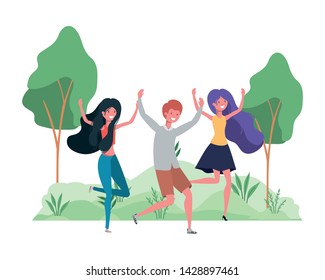 group of people dancing in landscape with trees and plants