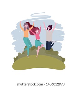 group of people dancing in landscape with trees and plants