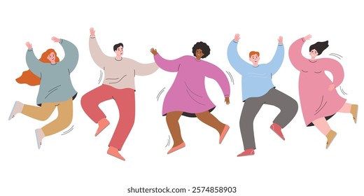 A group of people are dancing and making moves. Happy men and women, young people relax and rejoice. Vector flat graphics.