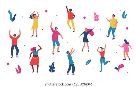 Group of  people dancing on dancefloor. Flat vector illustration isolated on white background.