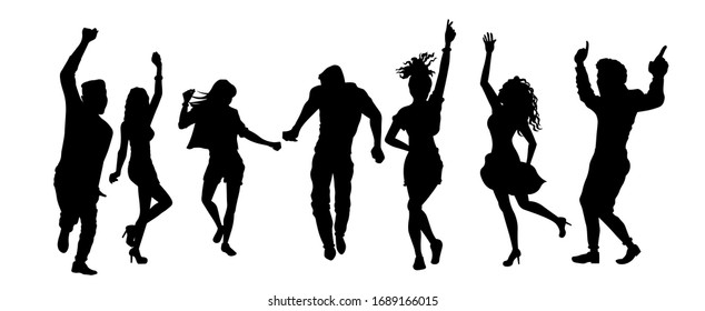 Group of people dancing silhouette vector illustration isolated on white background. Friends having fun on the party.