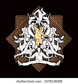 Group of people dancing, Street dance action, Dance together designed on line square background graphic vector