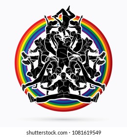 Group of people dancing, Street dance action, Dance together designed on line rainbows background graphic vector