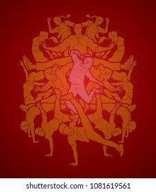 Group of people dancing, Street dance action, Dance together designed using dots pixels graphic vector