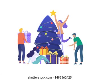 Group of people decorating christmas tree with ornament and light, happy people enjoy holiday, with christmas present, can use for, landing page, template, ui, web, homepage, poster, banner, flyer