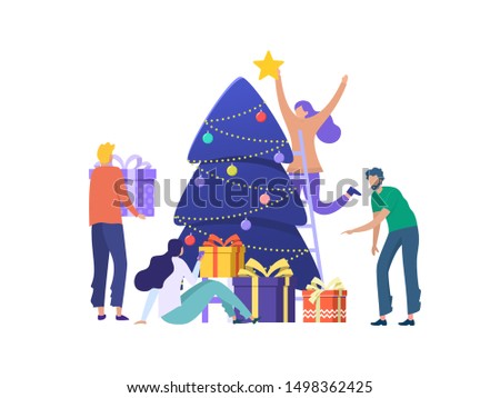 Group of people decorating christmas tree with ornament and light, happy people enjoy holiday, with christmas present, can use for, landing page, template, ui, web, homepage, poster, banner, flyer