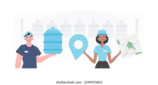 A group of people delivering water. Cartoon trendy style. Vector.