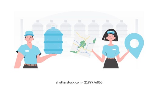 A group of people delivering water. Modern style. Vector.
