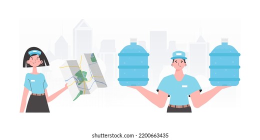 A group of people delivering water. trendy style. Vector.