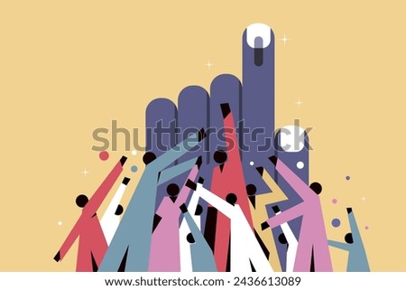 Group of people demonstrating in-front of a big hand showing electoral stain.