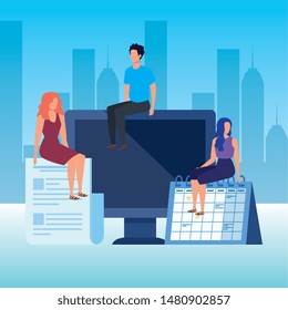group of people with desktop characters