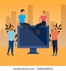 group of people with desktop characters