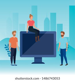 group of people with desktop characters