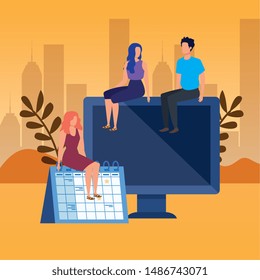 group of people with desktop characters