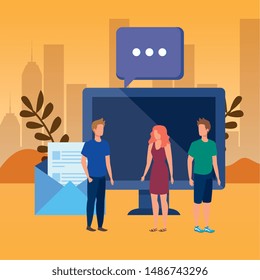 group of people with desktop characters