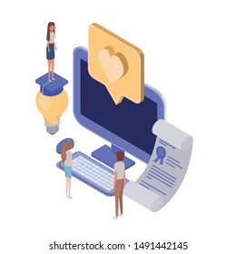 group of people with desktop computer screen and email notifications