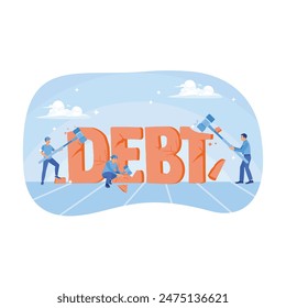 A group of people destroy debt writing with hammers. People settle debts that must be paid. Breaking debt concept. Flat vector illustration.