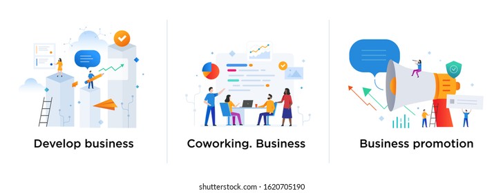 Group of people develop business. Workflow, growth, graphics. Business development, milestones. linear illustration Icons infographics. Landing page site print poster. Eps vector