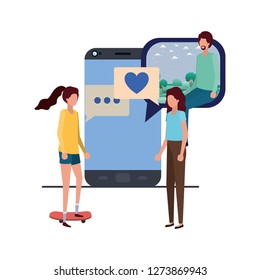 group of people with device screen avatar character