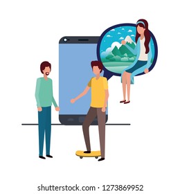 group of people with device screen avatar character
