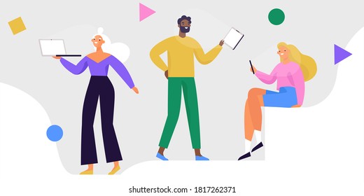 Group of people with devices, smartphone, tablet, laptop. People using gadgets for work and communication. Colorful vector illustration.