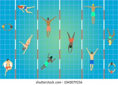 Group of people of different age, gender and nationalities in swimming pool in sport center.  Summer water activities.  Template for cards, covers, textile design.