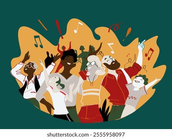 A group of people of different ages is celebrating a special event. Happy family enjoy concert, music festival, party, show, performance. Vector illustration