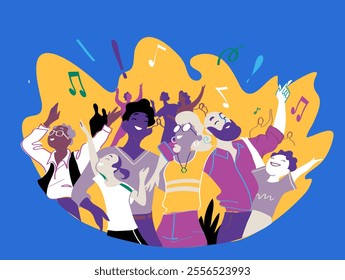 A group of people of different ages celebration. Happy family enjoy concert, music festival, party, show, performance, recital. Vector illustration