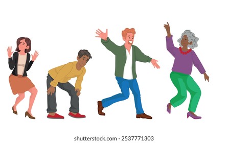 group of people with different ages and ethnicities dancing happily, Cool festive male and female characters celebrating. Flat vector illustration isolated on white background.