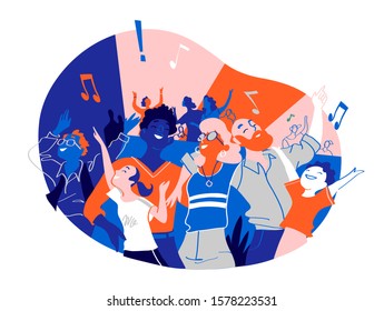 Group of people of different ages is happy to be together dancing and celebrating a special event. Happy family enjoy concert, music festival, party, show, performance, recital. Vector illustration