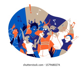 Group of people of different ages is happy to be together dancing and celebrating a special event. Happy family enjoy concert, music festival, party, show, performance, recital. Vector